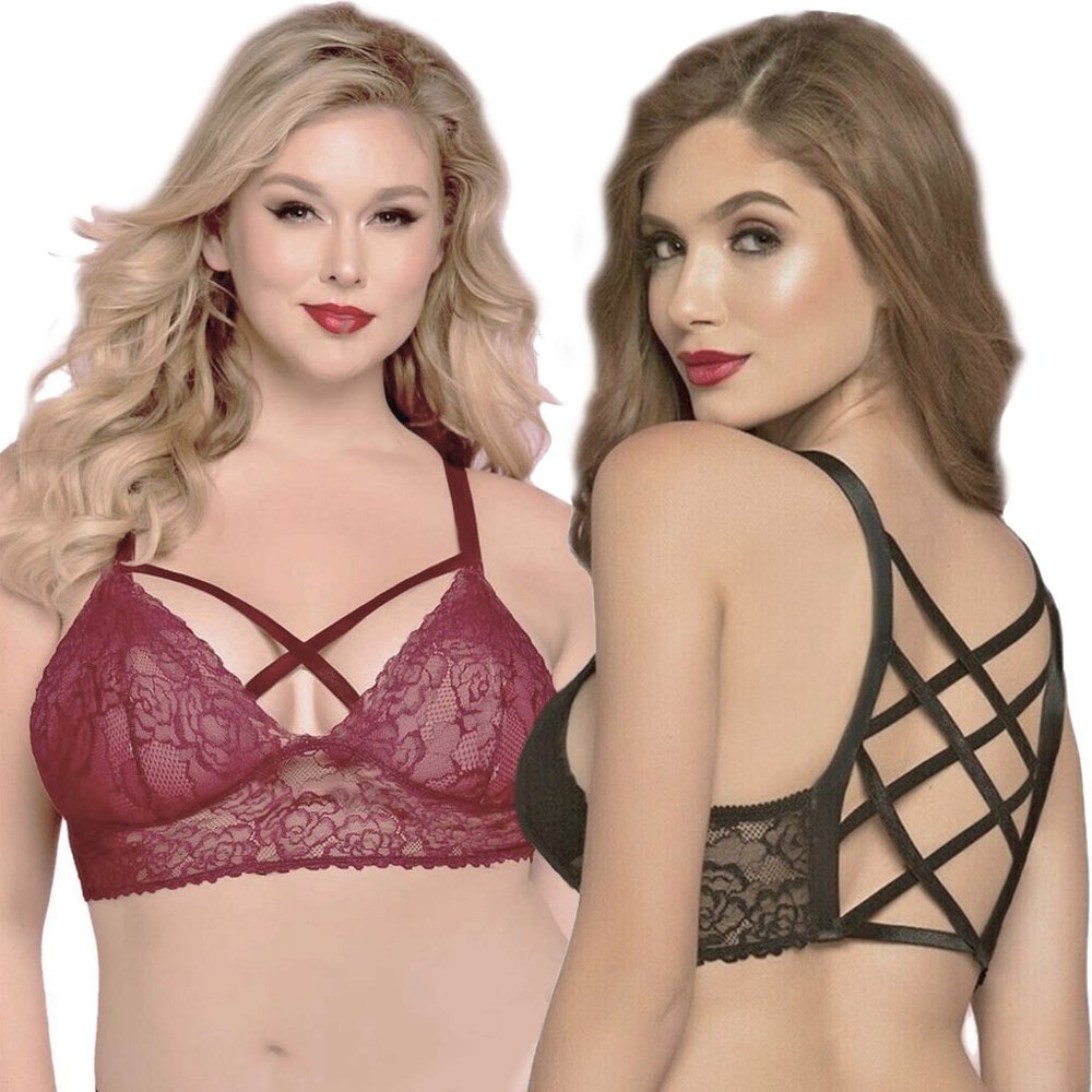 Plus Size Lace Bra Lattice Detail Womens Black or Wine Bralette Top Sizes XL-4X